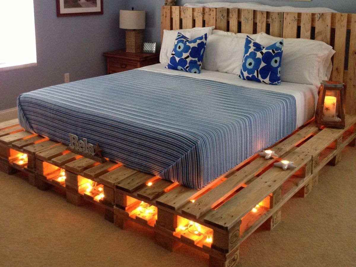 Loft style bed made of pallets.