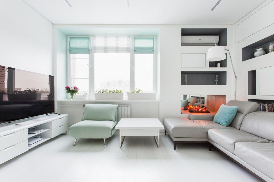 White linoleum in the living room.