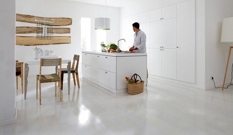 White linoleum in the kitchen.