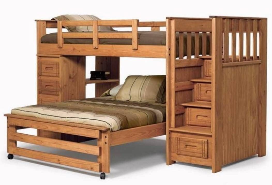 Bunk bed with a roll-out bed.