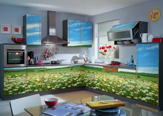 Kitchen set decor with self-adhesive film.