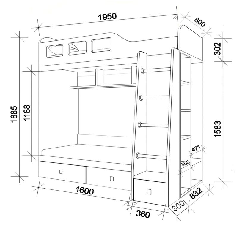 Scheme of a bunk bed with drawers.