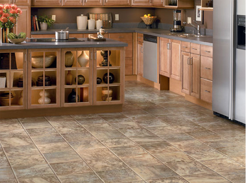 Quartz vinyl tile in kitchen.