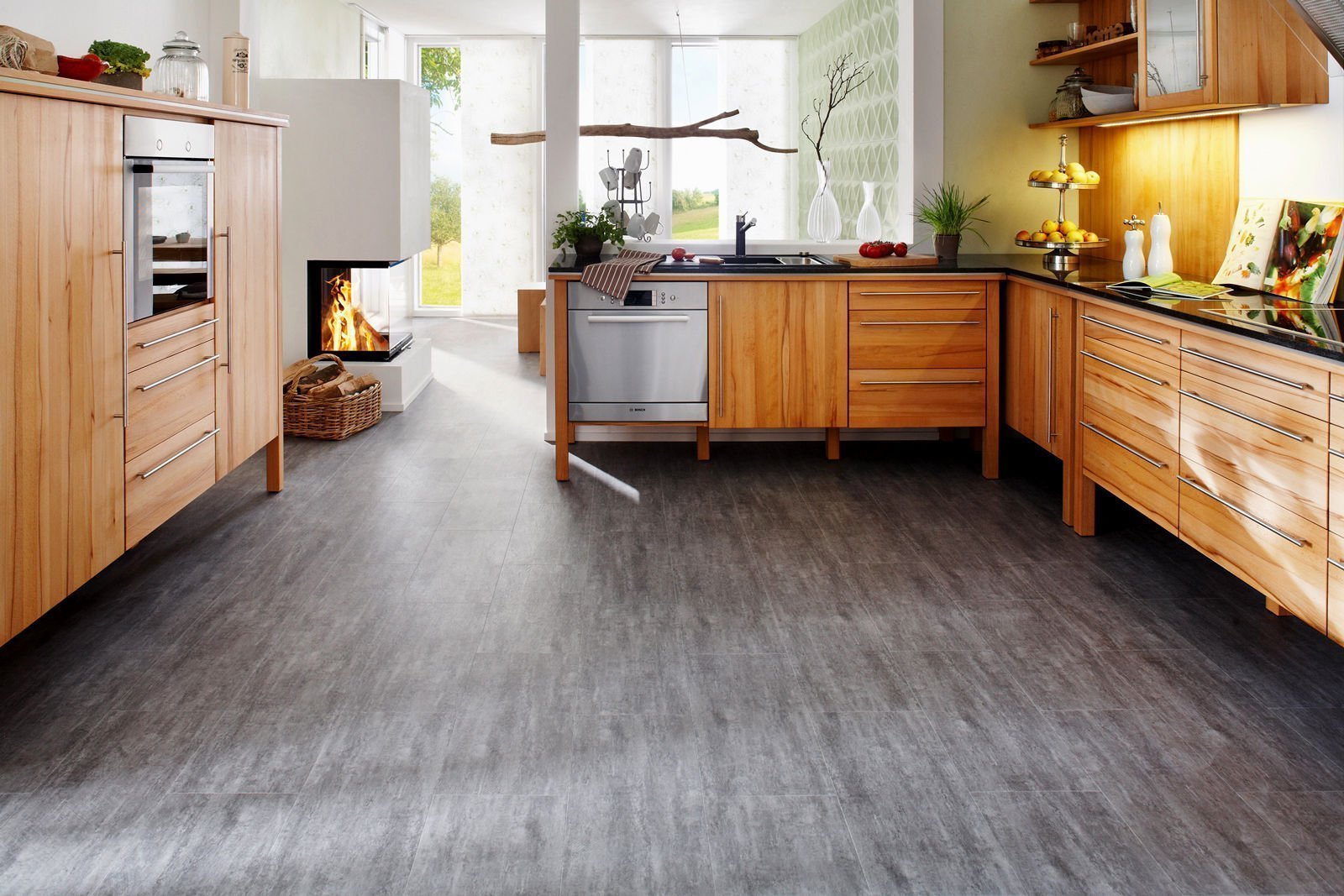 dark linoleum in the kitchen is practical.