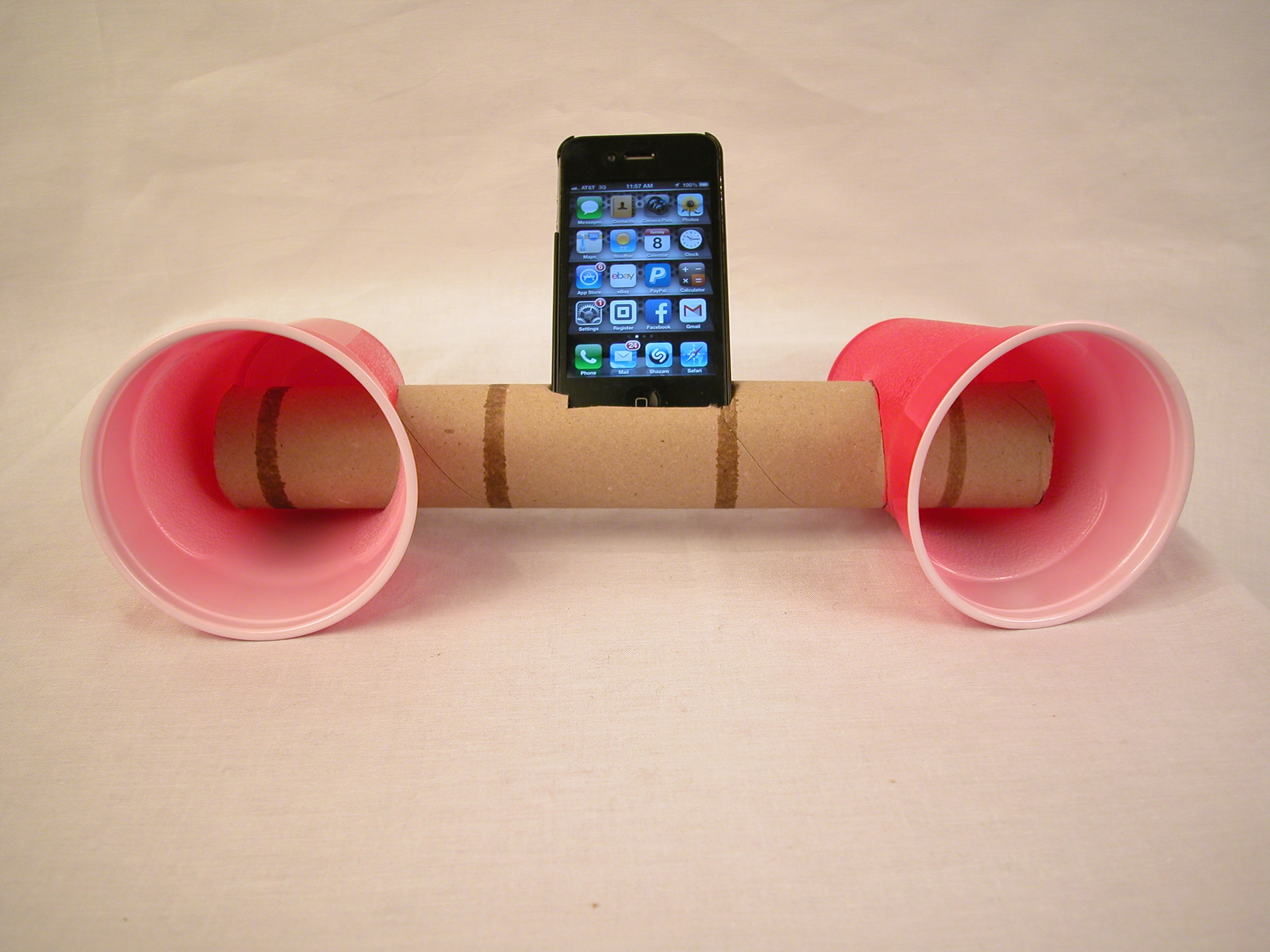 Speakers made of cardboard tubes and cups.