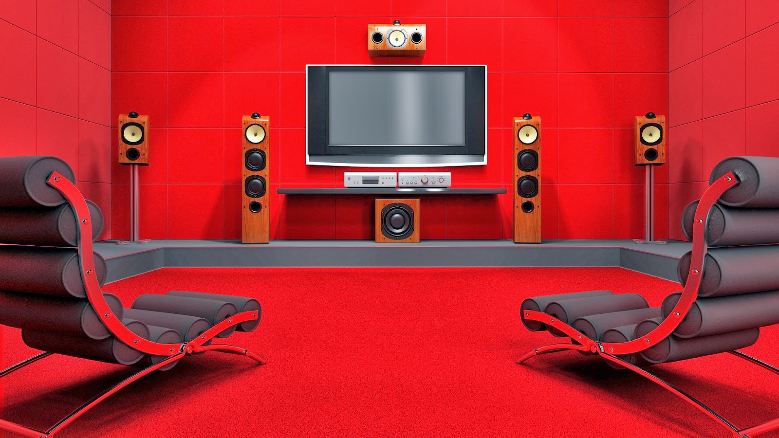 Carpet in a room with speakers.