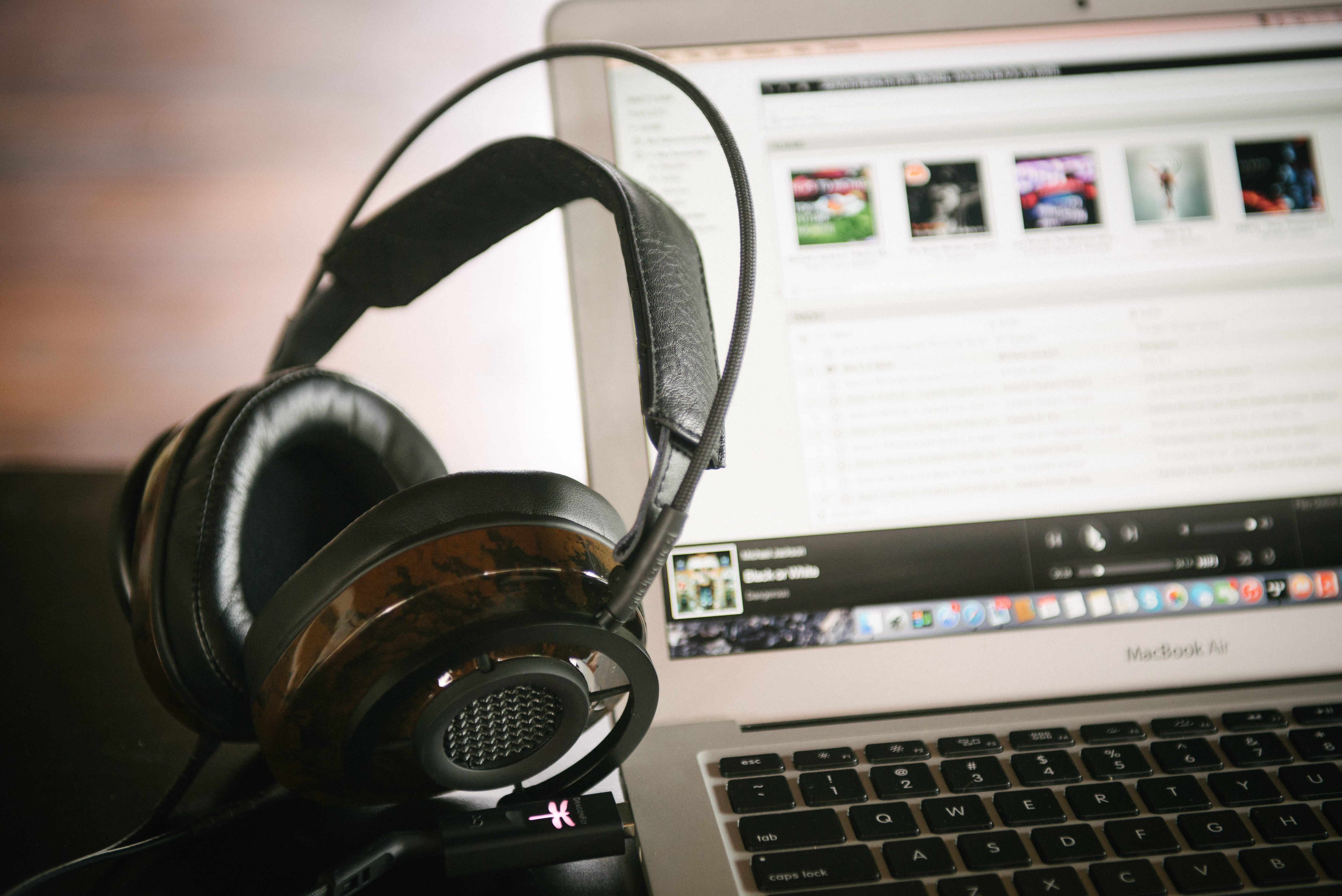 Headphones and computer.