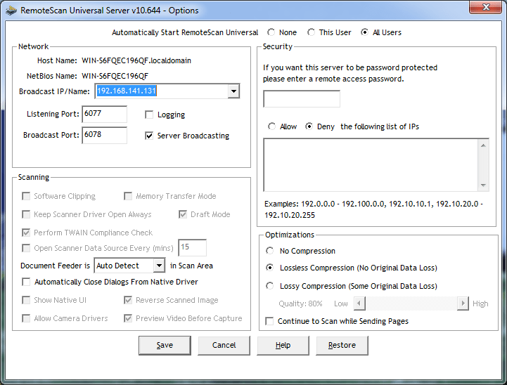 Fereastra programului REMOTESCAN.