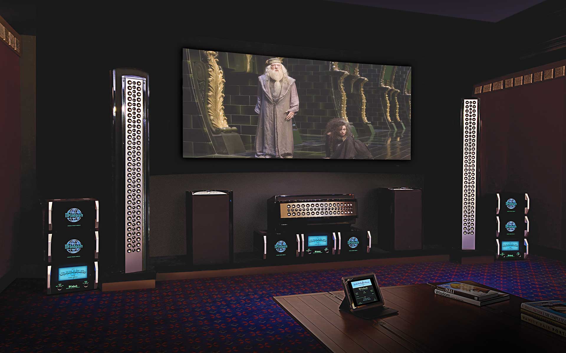 Home theater with subwoofer for surround sound.