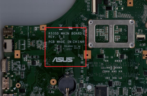 The location of the motherboard inside the laptop.