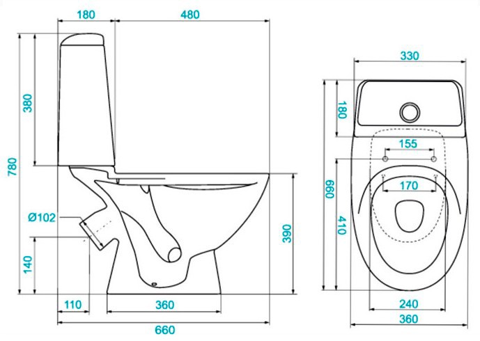 Dimensions of a toilet with a tank.