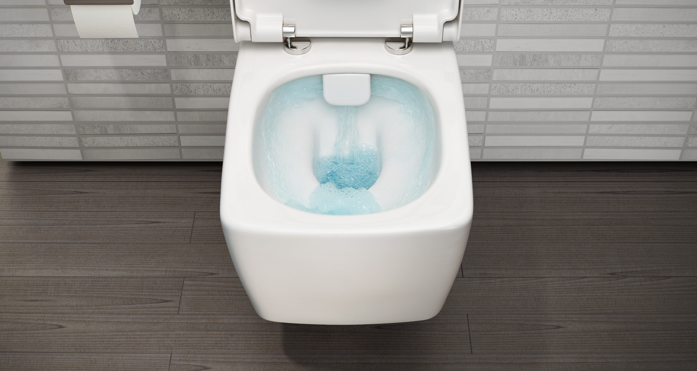 Wall hung rimless toilet.