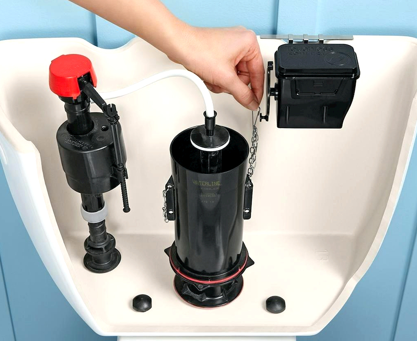 Flush system in the toilet cistern.